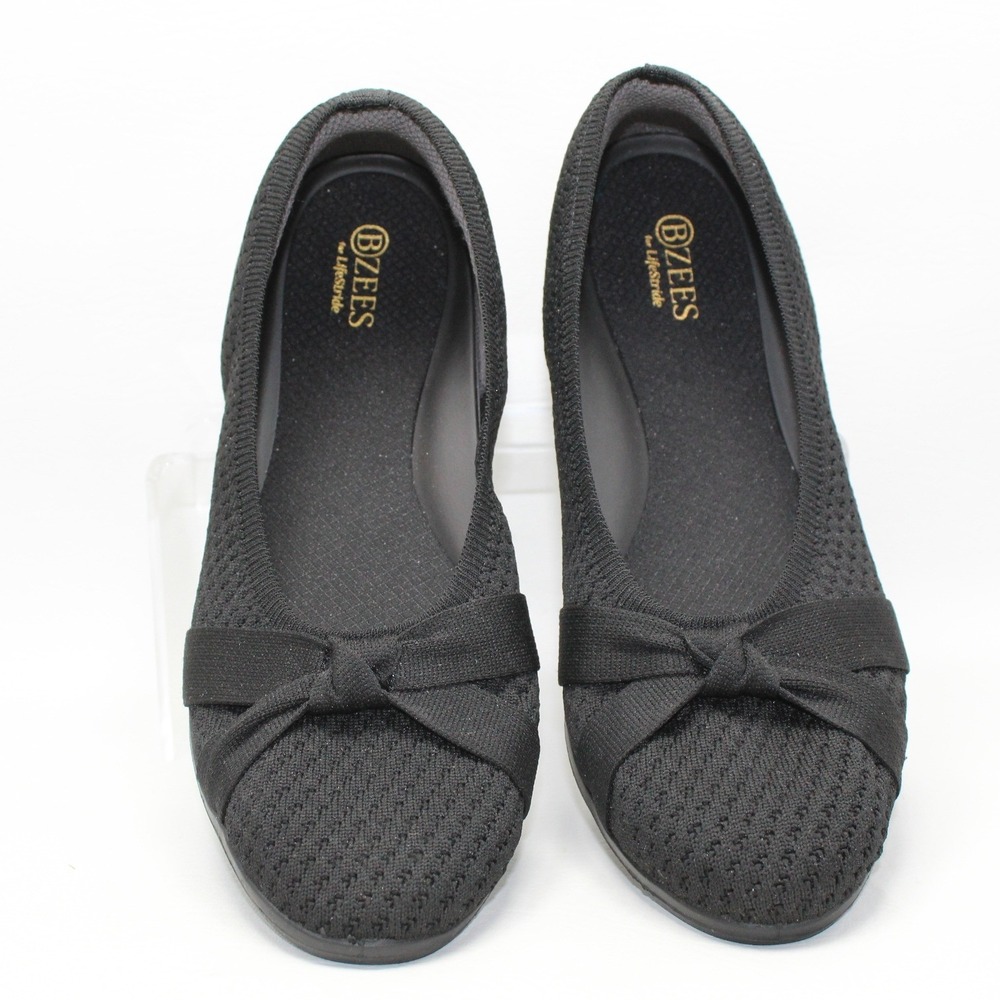Bzees for LifeStride Kissed Women Black Stretch Knit Bow Ballet Flats Size 10M